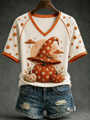 Women's Pumpkin Polka Dot Art V-neck Off-shoulder Short-sleeved T-shirt