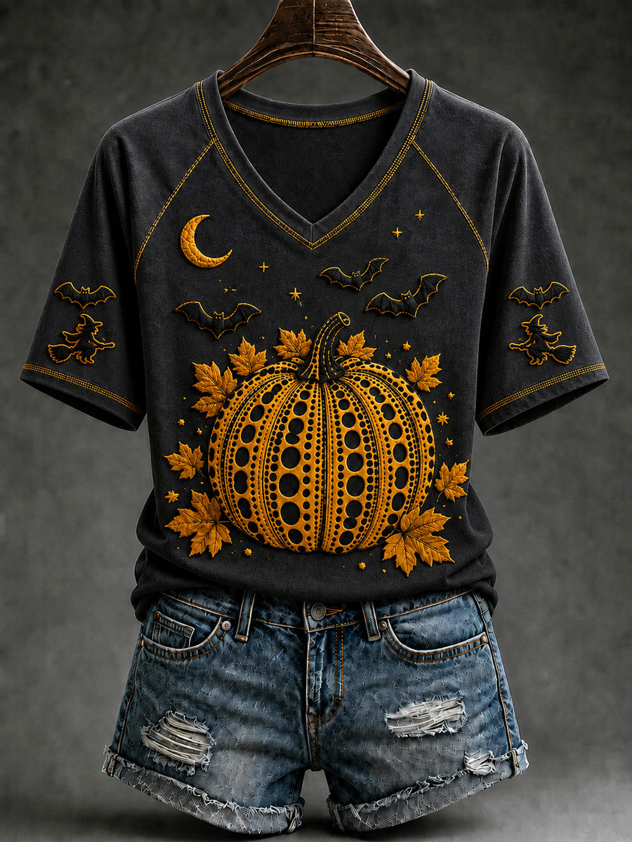 Women's Autumn Halloween Pumpkin Art Print Short Sleeve T-shirt