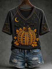 Women's Autumn Halloween Pumpkin Art Print Short Sleeve T-shirt
