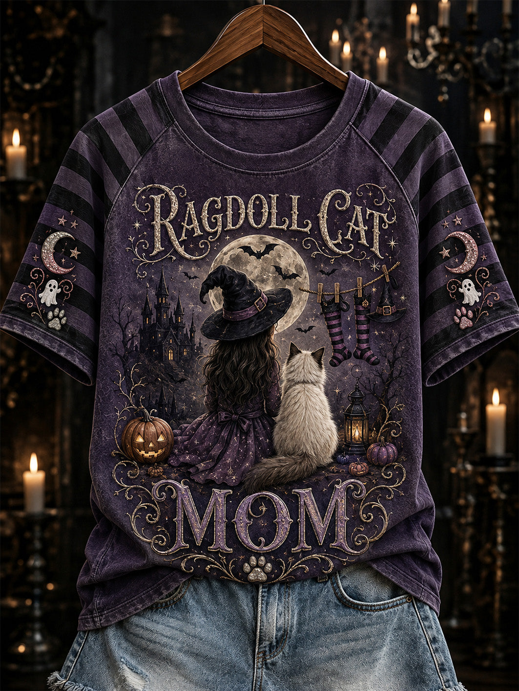 Women's Halloween Witch And Cat Pattern Printed Casual Short Sleeve T-shirt