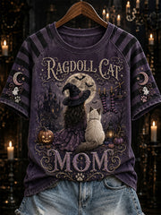 Women's Halloween Witch And Cat Pattern Printed Casual Short Sleeve T-shirt