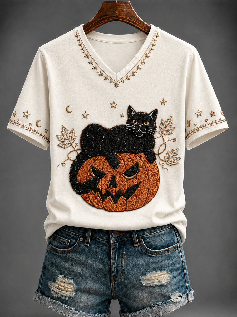 Women's Halloween Pumpkin Printed V-neck T-shirt