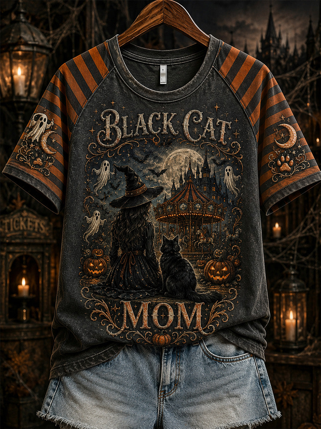 Women's Halloween Witch And Cat Pattern Printed Casual Short Sleeve T-shirt