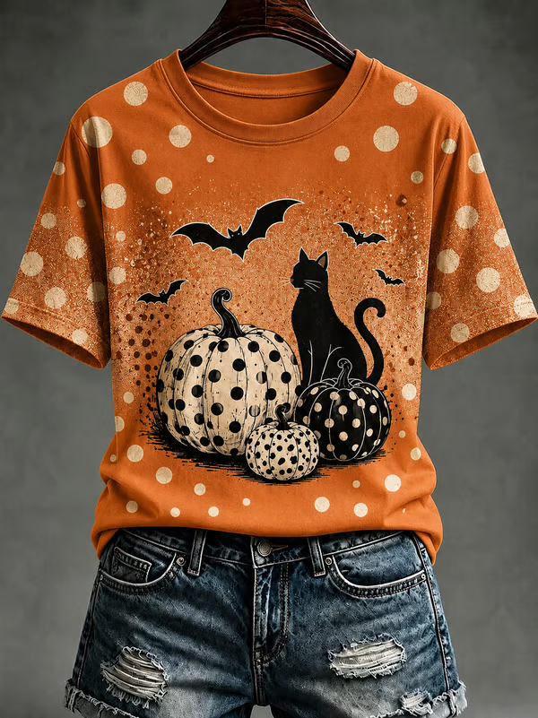 Women's Pumpkin Polka Dot Art Short-sleeved T-shirt