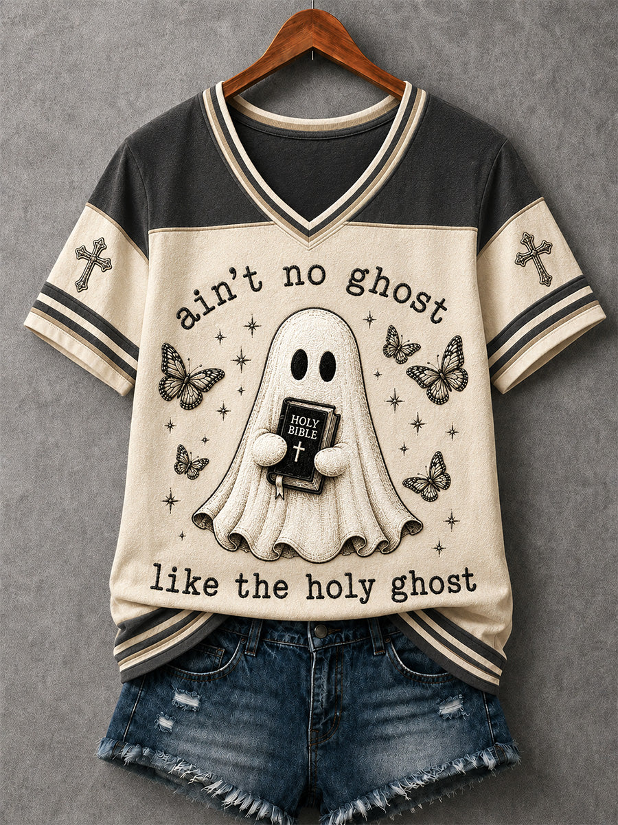 Women's Ain't No Ghost Like The Holy Ghost Print V-Neck Tee
