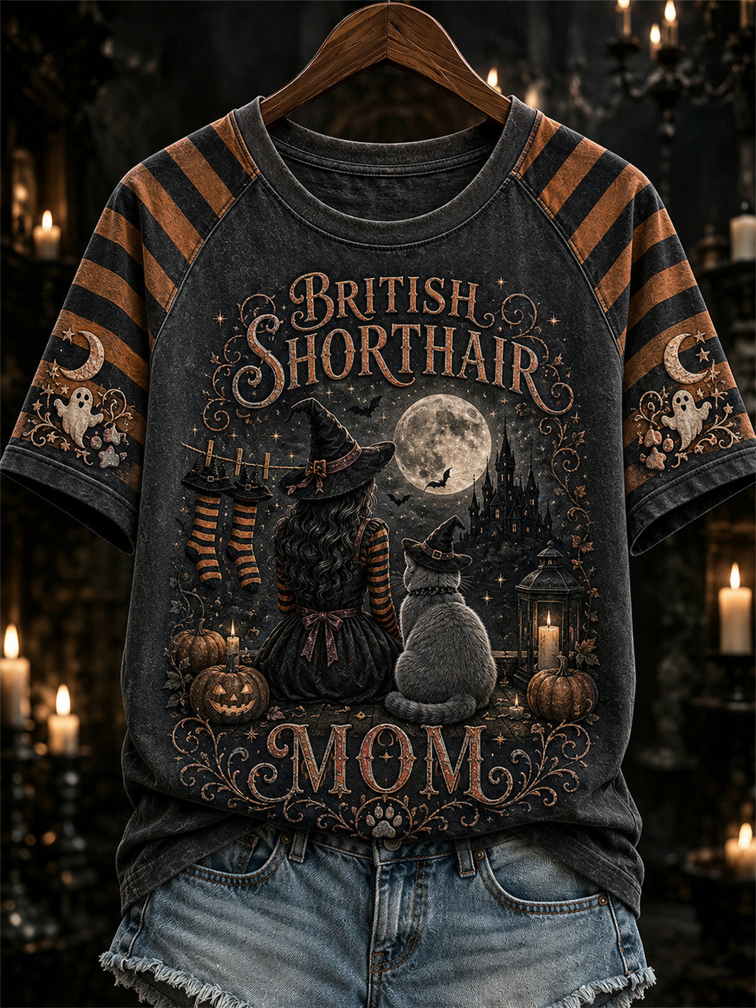 Women's Halloween Witch And Cat Pattern Printed Casual Short Sleeve T-shirt