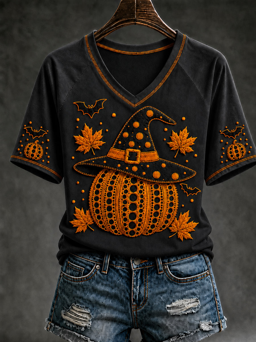 Women's Autumn Halloween Pumpkin Art Print Short Sleeve T-shirt