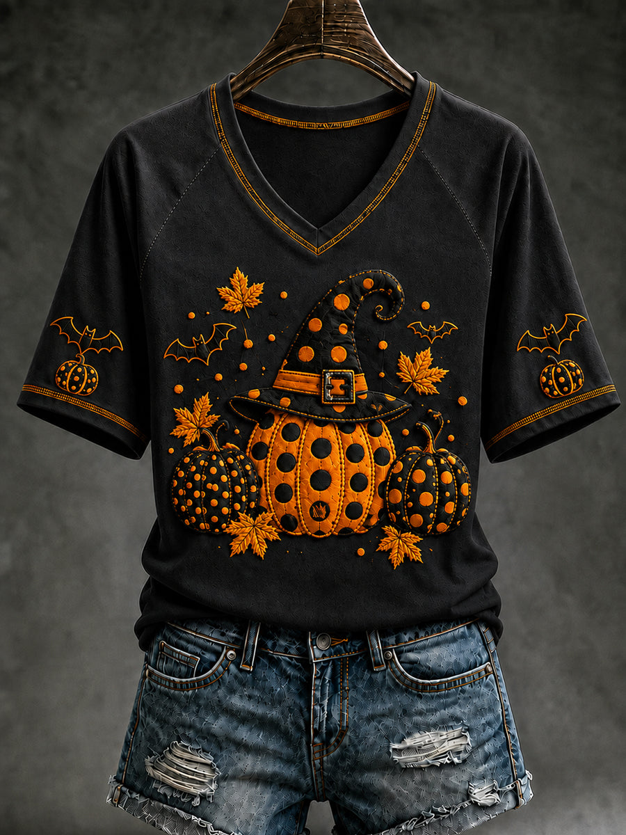 Women's Autumn Halloween Pumpkin Art Print Short Sleeve T-shirt