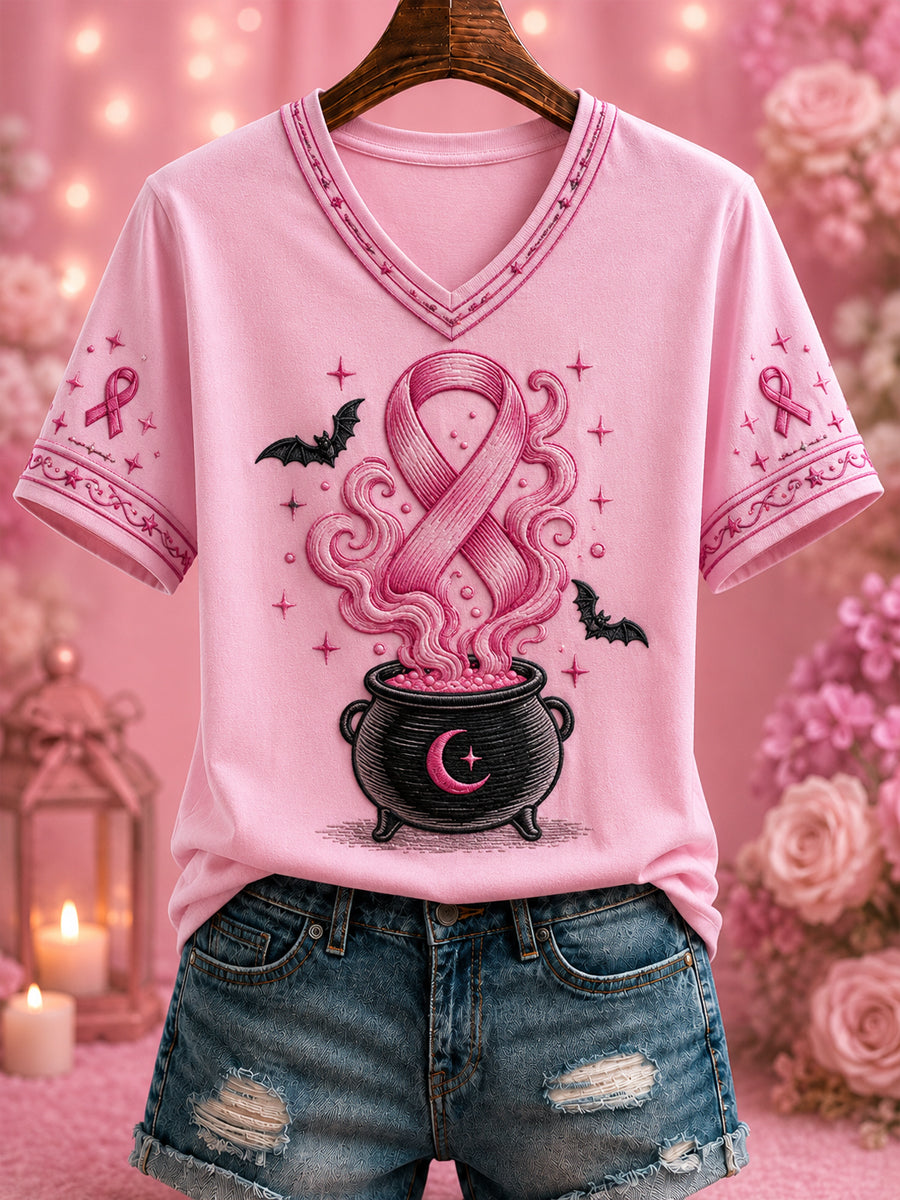 Women's Breast Cancer Pink Printed V-neck T-shirt