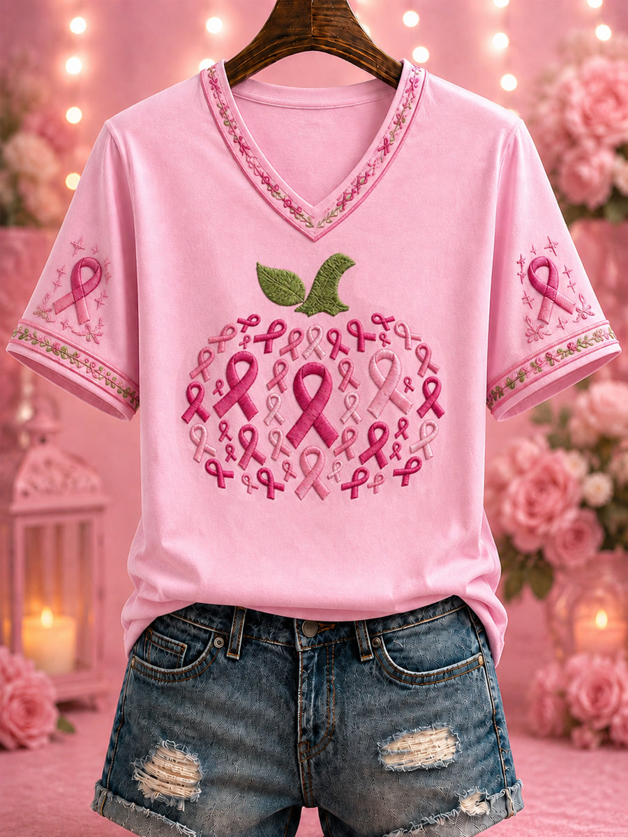 Women's Breast Cancer Pink Printed V-neck T-shirt