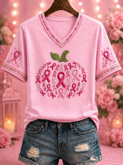 Women's Breast Cancer Pink Printed V-neck T-shirt