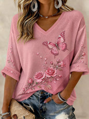 Women's Breast Cancer Flowers Printed Mid-length Sleeves V-neck T-shirt