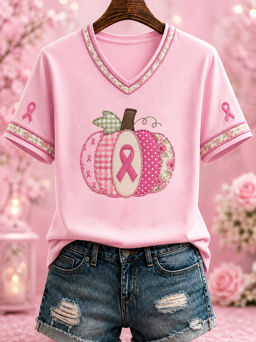 Women's Breast Cancer Pink Printed V-neck T-shirt