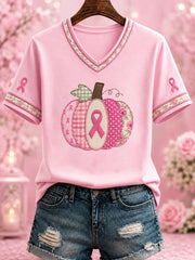 Women's Breast Cancer Pink Printed V-neck T-shirt