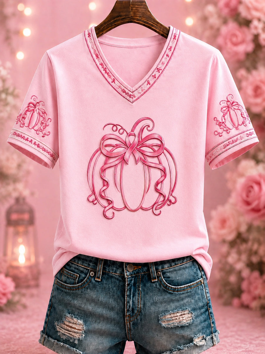Women's Breast Cancer Pink Printed V-neck T-shirt