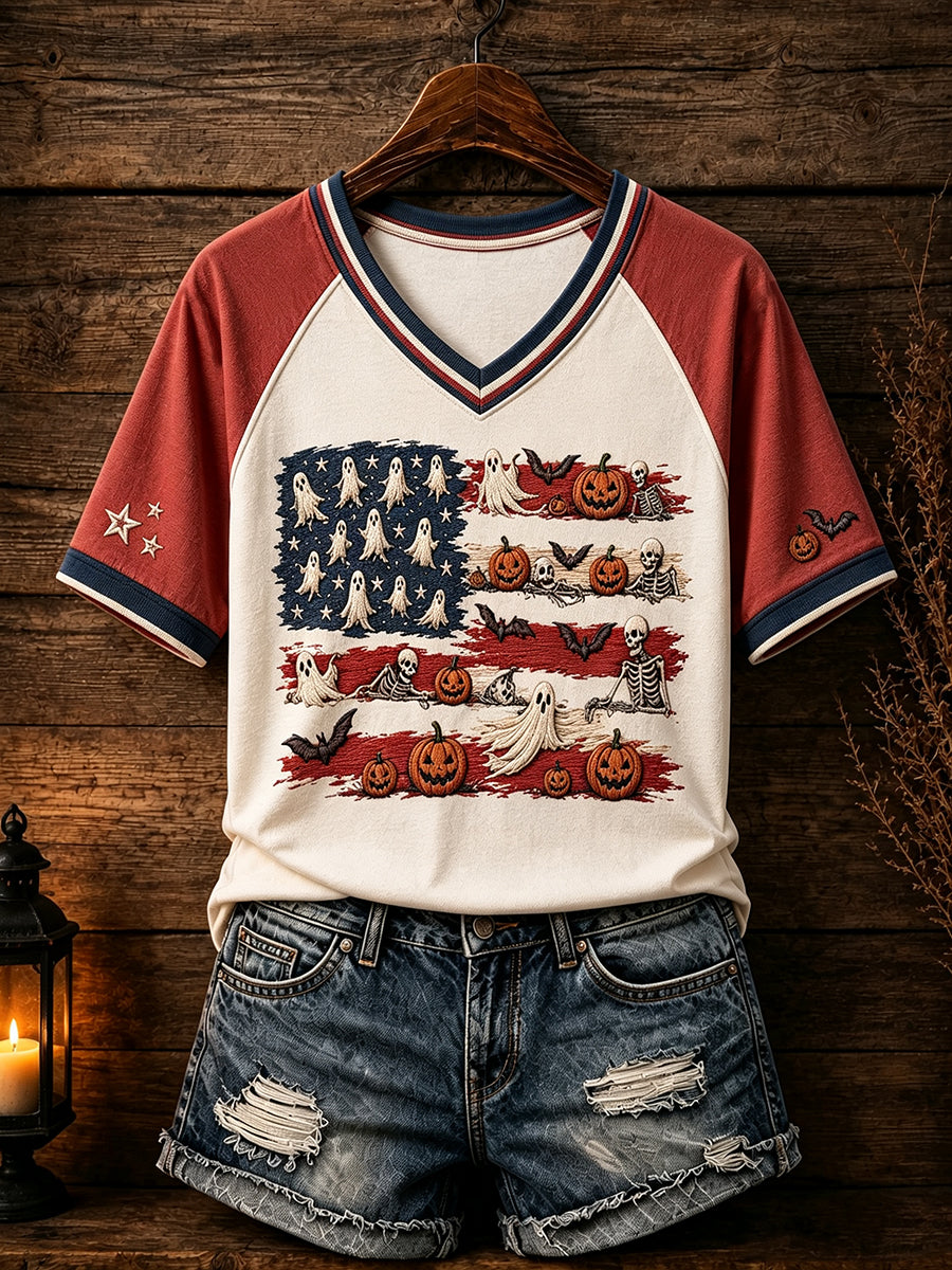 Women's Patriotic Design Halloween V-neck T-shirt