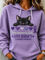 Women's Purple Ribbon Peeking Cat Print Comfy Hooded Sweatshirt