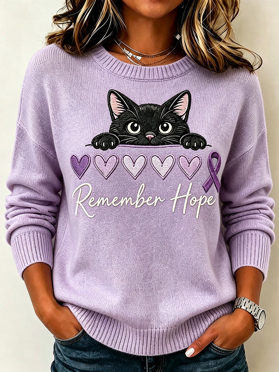Women's Purple Ribbon Peeking Cat Print Crew Neck Sweater