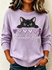 Women's Purple Ribbon Peeking Cat Print Crew Neck Sweater