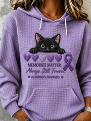 Women's Purple Ribbon Peeking Cat Print Comfy Hooded Sweatshirt