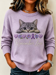 Women's Vintage Purple Ribbon Peeking Cat Print Crew Neck Sweater