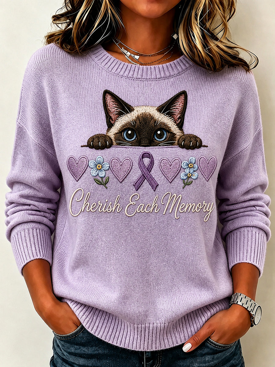 Women's Vintage Purple Ribbon Peeking Cat Print Crew Neck Sweater
