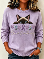 Women's Vintage Purple Ribbon Peeking Cat Print Crew Neck Sweater