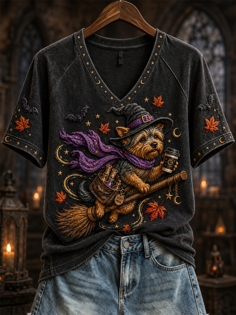 Women's Halloween Fall Flying Yorkshire Dog Witch Print short-sleeved T-shirt