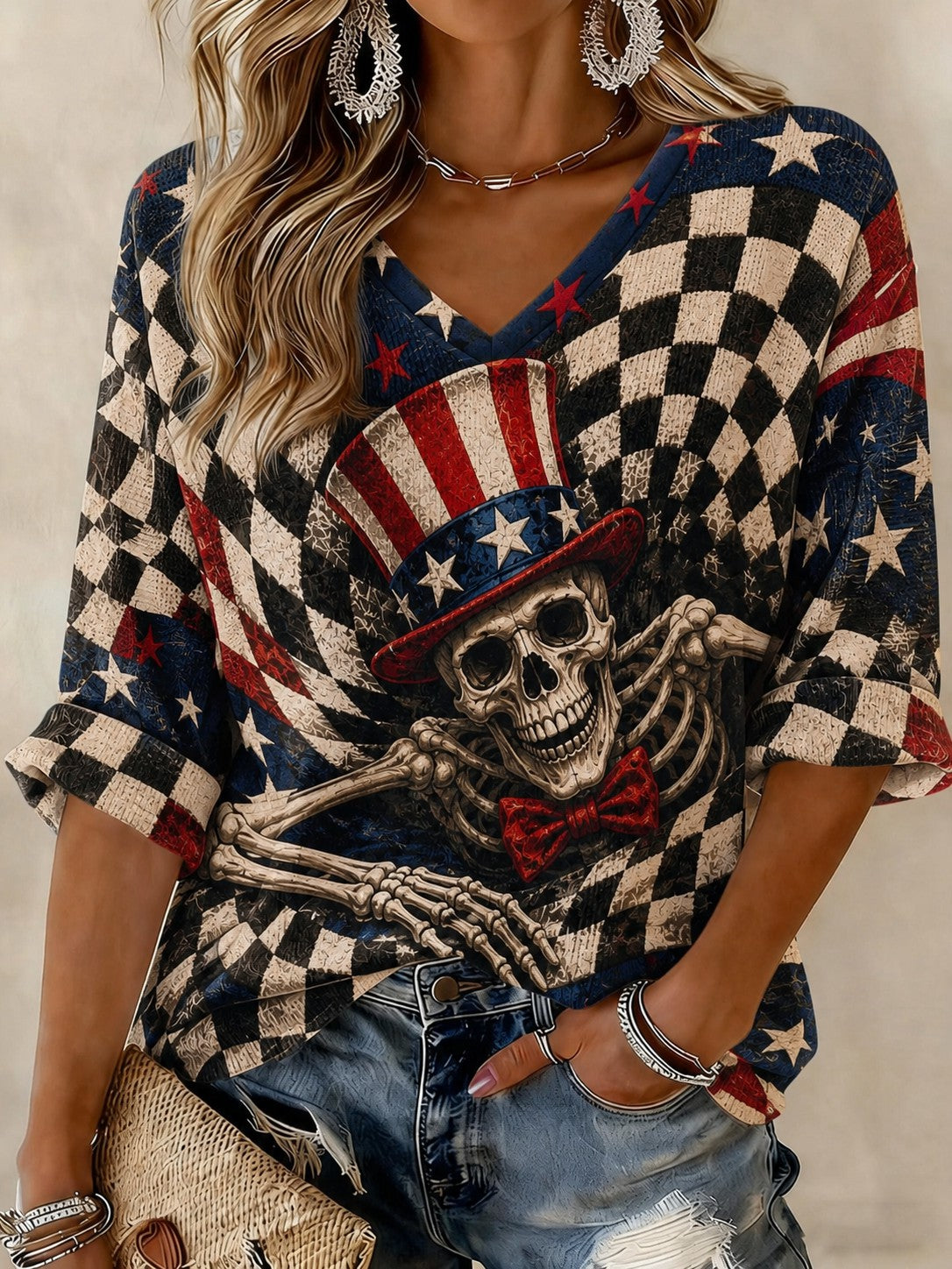 Women's Halloween Printed Mid-length Sleeves V-neck T-shirt