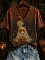 Women's Halloween Cute Cat Pattern Printed Casual Short Sleeve T-shirt