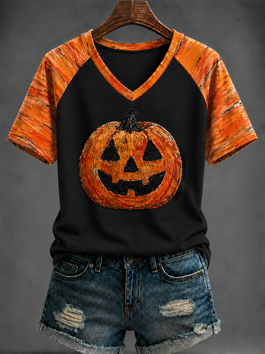 Women's Halloween Pumpkin Printed V-neck T-shirt