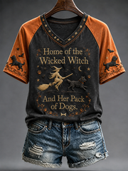 Women's Halloween dog print V-neck off-shoulder short-sleeved T-shirt