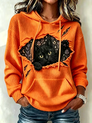 Women's Cute cat printed large-sized hooded sweatshirt
