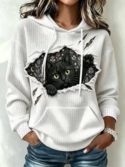 Women's Cute cat printed large-sized hooded sweatshirt