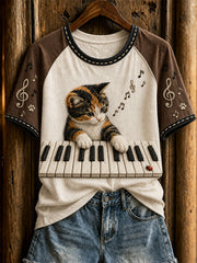 Women's cute cat and piano design casual short-sleeve T-shirt