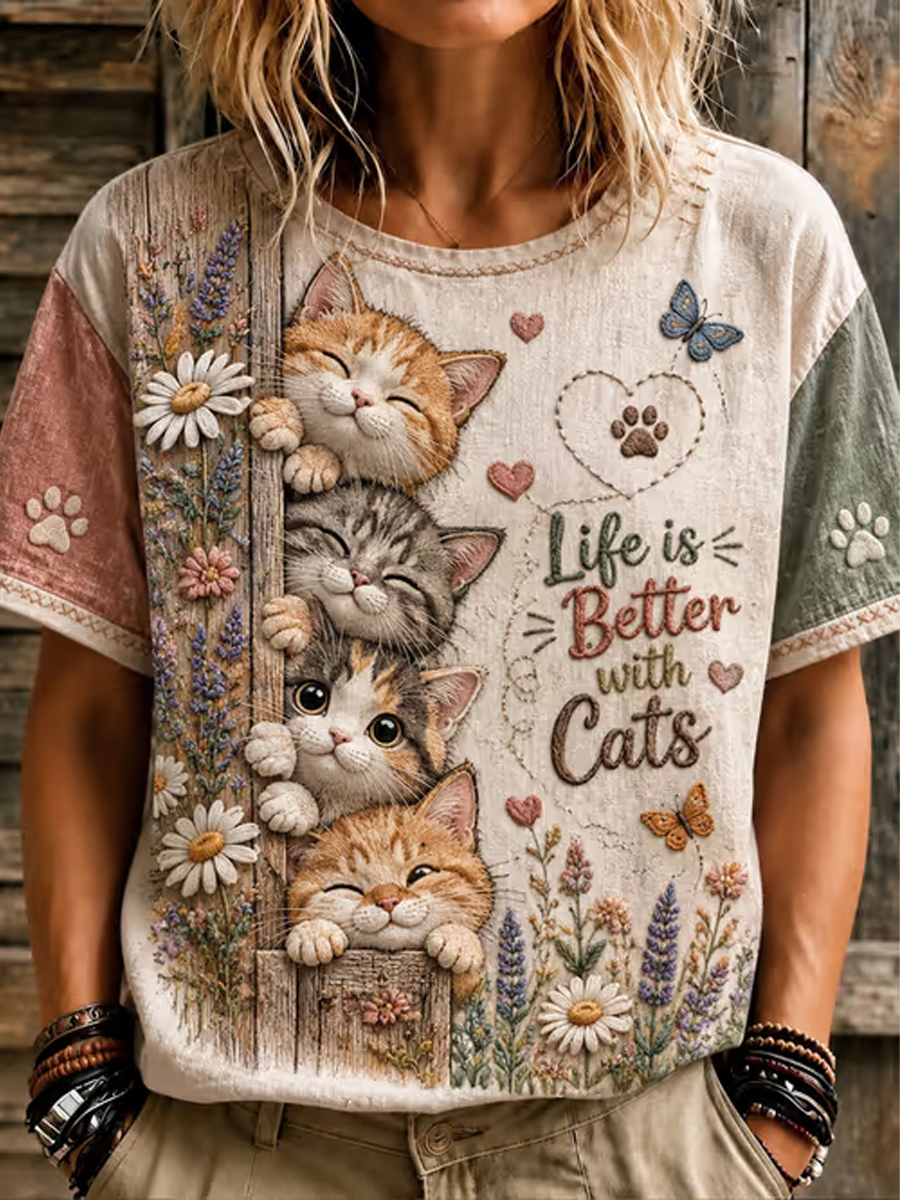 Women's Cute cat printed linen short-sleeved T-shirt
