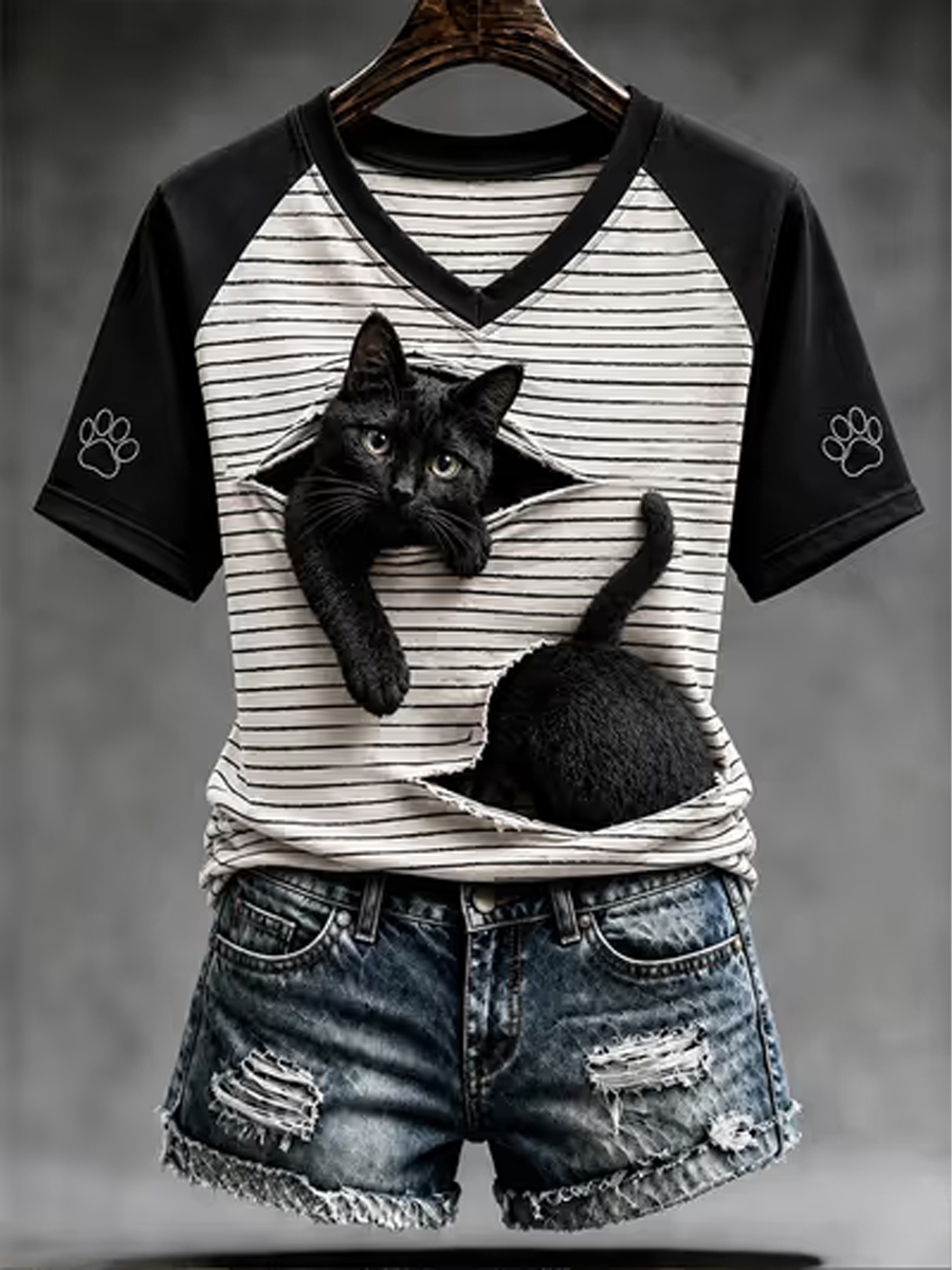 Women's Cute cat printed V-neck off-shoulder short-sleeved T-shirt