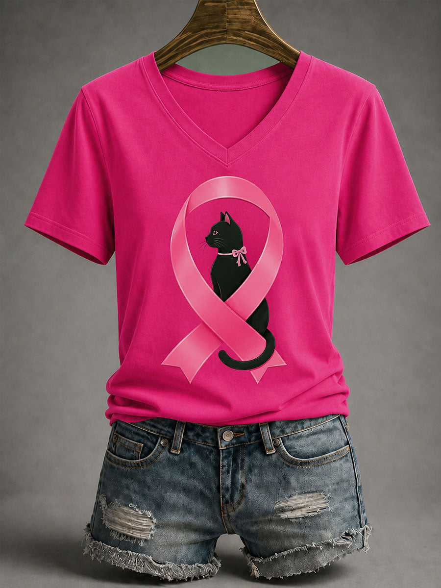 Women's Breast Cancer Awareness Black Cat Pink Ribbon Short-Sleeve T-Shirt