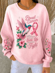 Women's  Breast Cancer Awareness Floral and Bird Design Ribbed Round-Neck Sweatshirt