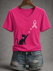 Women's Breast Cancer Awareness Black Cat Pink Ribbon Short-Sleeve T-Shirt