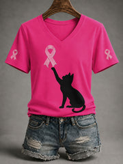 Women's Breast Cancer Awareness Black Cat Pink Ribbon Short-Sleeve T-Shirt