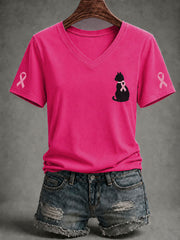 Women's Breast Cancer Awareness Black Cat Pink Ribbon Short-Sleeve T-Shirt
