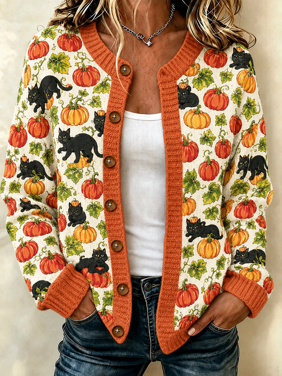 Women's Autumn Halloween Black Cat Pumpkin Flower Print Cardigan