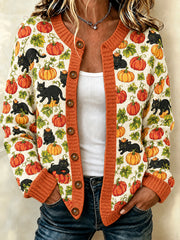 Women's Autumn Halloween Black Cat Pumpkin Flower Print Cardigan