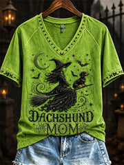 Women's Halloween Bad Witch Dachshund Mom Print short-sleeved T-shirt