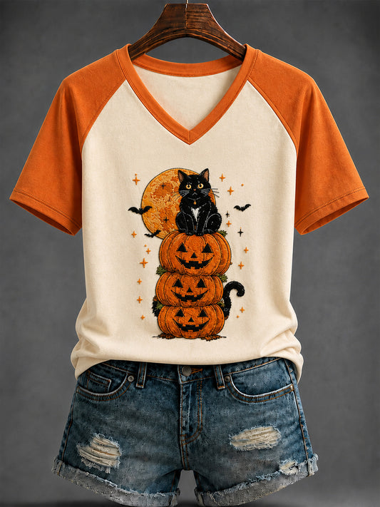 Women's Halloween Printed V-neck T-shirt