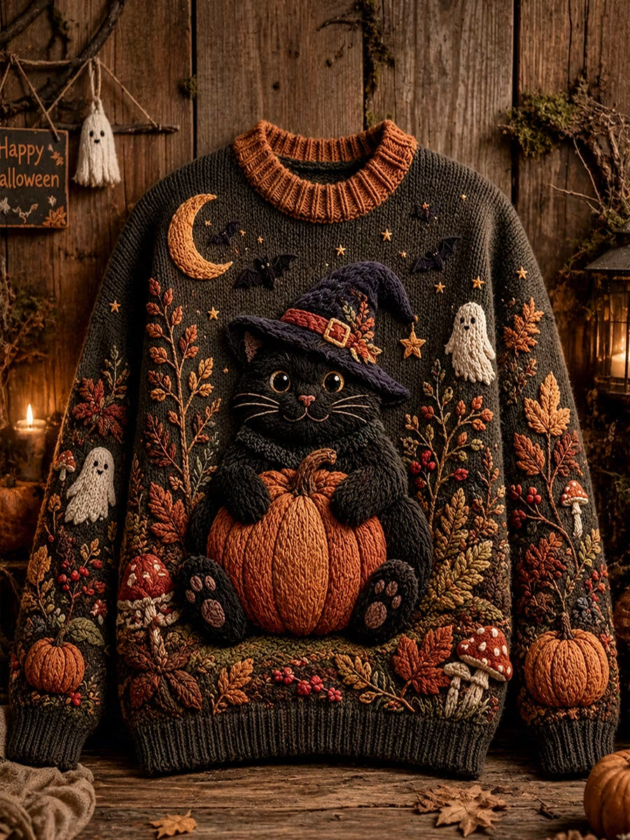 Women's Halloween Black Cat Pumpkin Ghost Print Sweater
