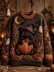 Women's Halloween Black Cat Pumpkin Ghost Print Sweater