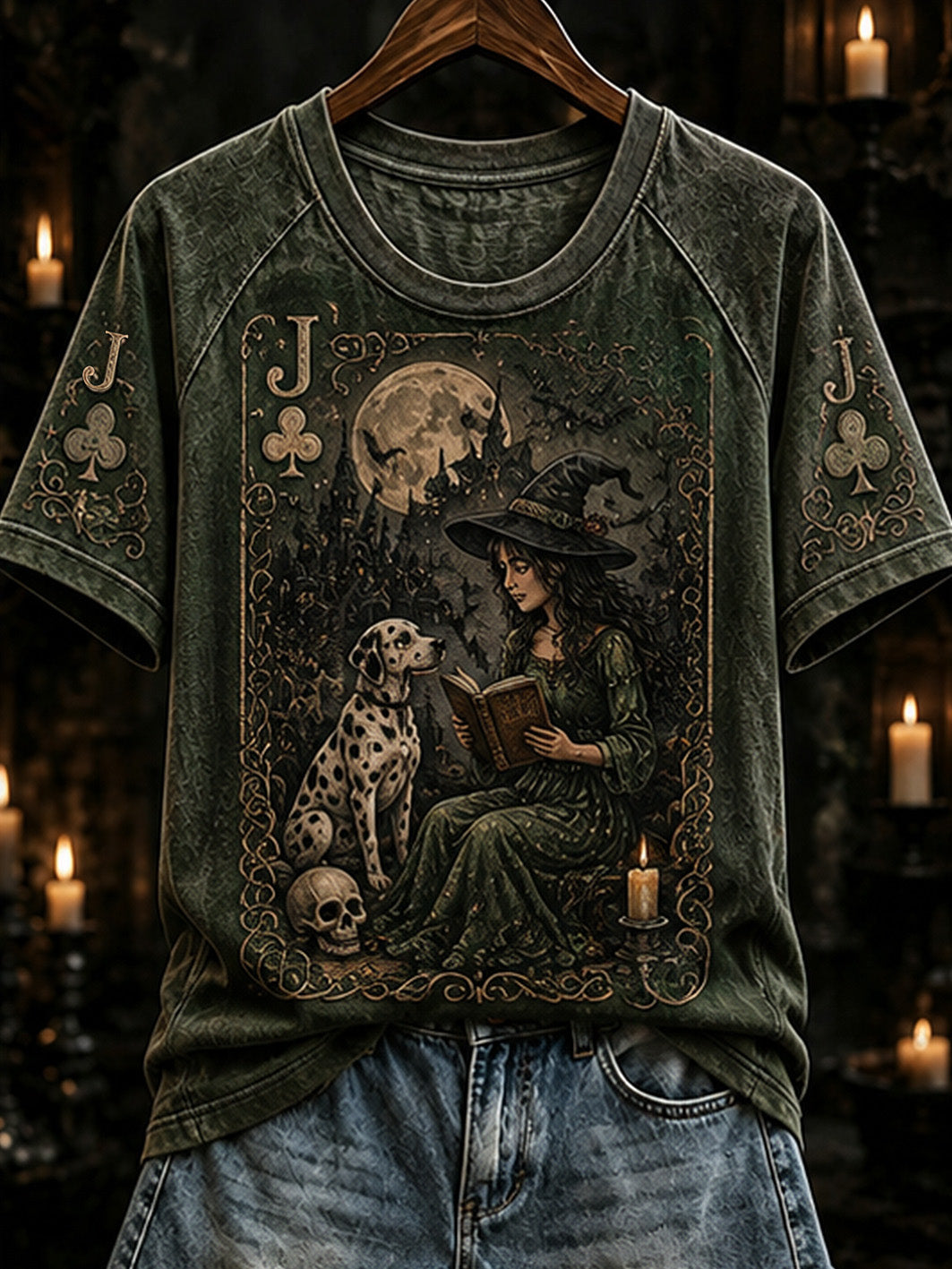 Women's Halloween Poker Elements Witch and Dog Pattern Design Casual Short Sleeve T-Shirt