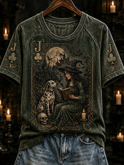 Women's Halloween Poker Elements Witch and Dog Pattern Design Casual Short Sleeve T-Shirt